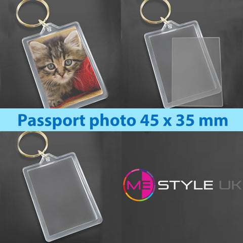 Blank Clear Acrylic Keyrings - Make Your Own - Passport Size 45mm x 35mm