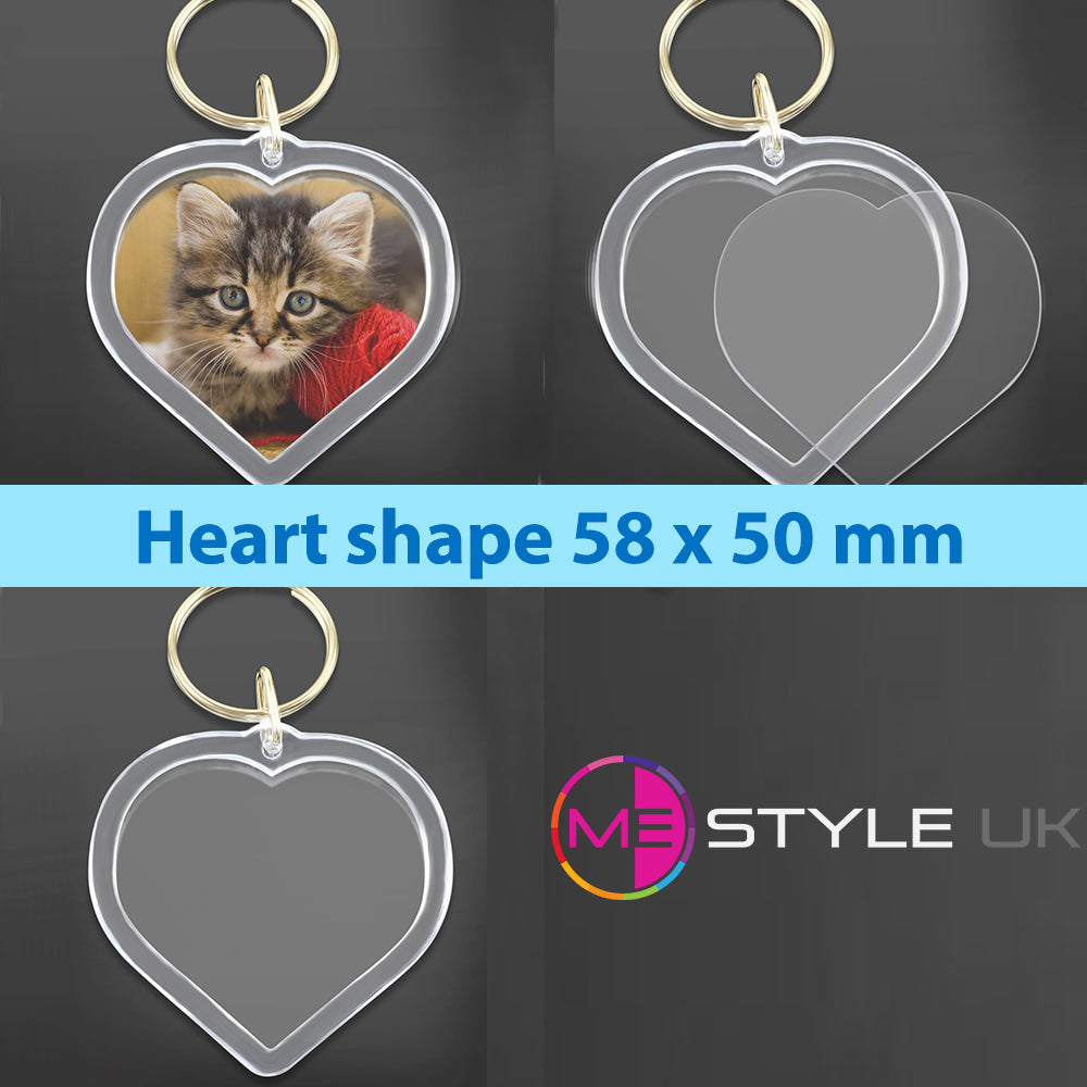 Blank Clear Acrylic Keyrings - Make Your Own - Heart Shape 58mm x 50mm